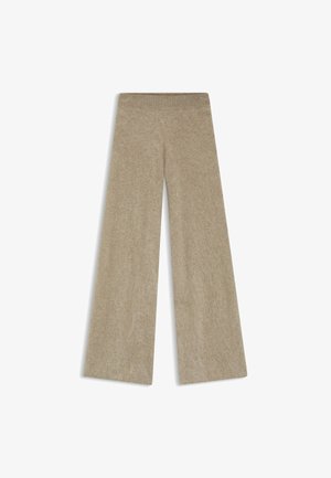 Pantalons larges beige clair en tissu doux, dotés d'une ceinture élastique confortable et d'une surface texturée.