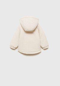 Beige vadderad jacka med huva, utrustad med elastiska manschetter och nederkant, slät textur, sömnadsdetaljer och minimalistisk design.