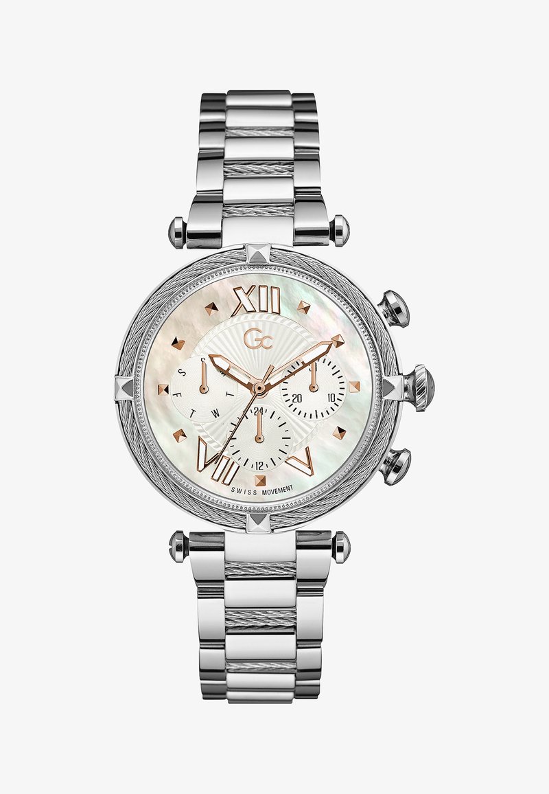 Montre en acier inoxydable argenté avec une lunette texturée, un cadran en nacre, des accents en or rose et des sous-cadrans chronographes. Comprend des chiffres romains.