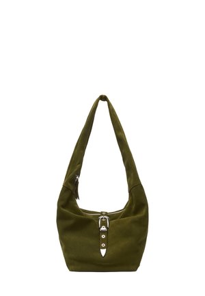 Olive green suede hobo bag with a curved silhouette, a single strap, silver-tone buckle detail, and a zip closure. Soft texture.