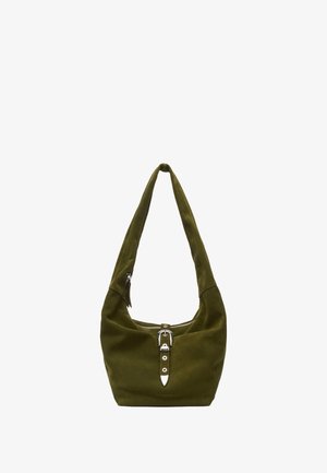 Olive green suede hobo bag with a curved silhouette, a single strap, silver-tone buckle detail, and a zip closure. Soft texture.