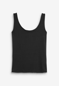 Top noir sans manches en tissu lisse et extensible. Caractéristiques de larges bretelles, d'un décolleté arrondi et d'un design simple, sans embellissements.