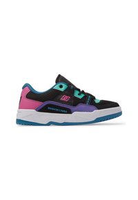 Black sneaker with colorful accents in pink, purple, and turquoise. Features mesh panels, lace-up design, and a textured white sole.
