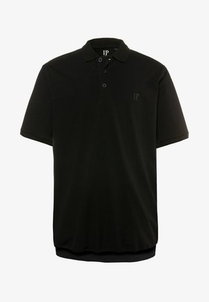 Czarna koszulka polo wykonana z gładkiego materiału, z kołnierzykiem, trzema guzikami przy szyi oraz subtelnym logo na piersi.