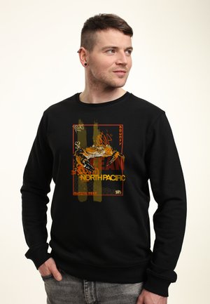 Czarna bluza z okrągłym dekoltem, z graficznym nadrukiem kraba oraz tekstem w pomarańczowym i żółtym kolorze. Ribbed cuffs and waistband.