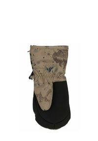Mittens with a tan and black design, featuring a patterned top with mountain and celestial graphics, elasticized cuff for snug fit.