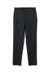 Pantalones negros de rayas con corte slim, con un frente plano, cierre de botón y pasadores para cinturón. Fabricados con una tela suave.