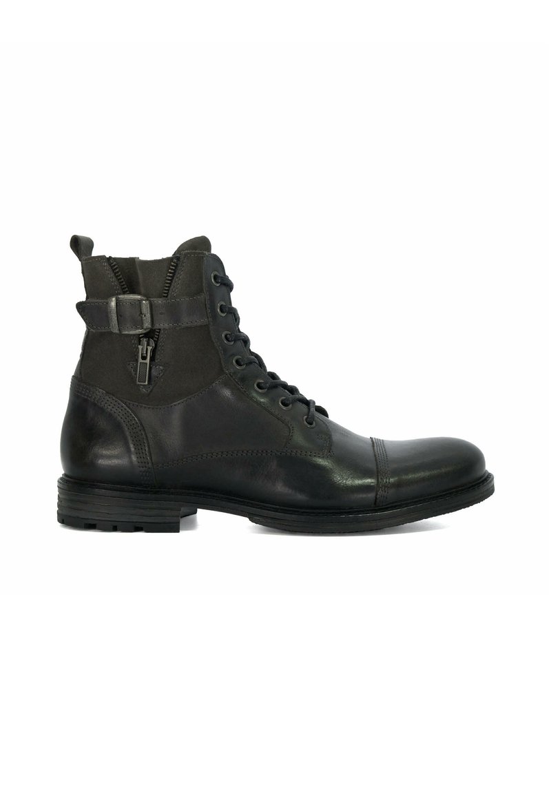 Black leather and suede boot featuring a round toe, lace-up front, side zipper, and an ankle height with a textured panel and buckle detail.
