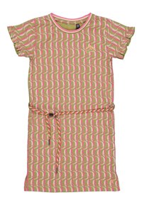 Vestido de manga corta con un patrón juguetón de olas en tonalidades de verde, rosa y blanco, ceñido a la cintura con un lazo a juego.