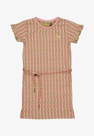 Kurzes Kleid mit einem verspielten Muster aus Wellen in den Farben Grün, Pink und Weiß, tailliert mit einem passenden Bindegürtel.