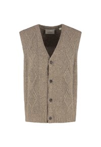 Knopffreie braune gestrickte ärmellose Weste mit Rautenmuster und geripptem Saum, Größe groß, von der Marke DSTREZZED.