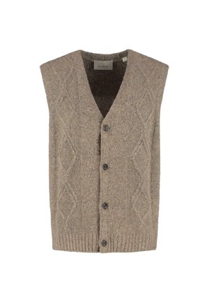 Bruine gebreide mouwloze vest met knopen, met een ruitjespatroon en ribgebreide zoom, maat groot, van het merk DSTREZZED.