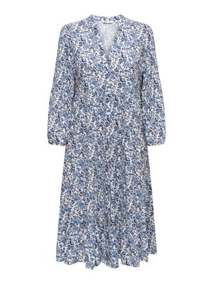 Vestito midi bianco con maniche lunghe, scollo a V e motivo floreale blu, con gonna a balze e polsini elasticizzati.