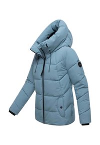 Ljusblå vadderad jacka med hög krage, dragkedja fram, kontrastfärgad svart dragkedja och sidofickor. Har kviltat mönster och huva med dragsko.