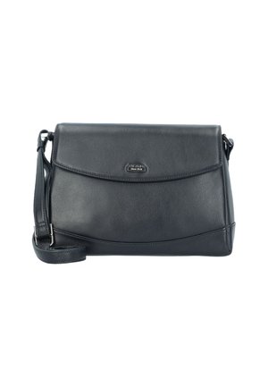Borsa a tracolla nera in pelle con chiusura a pattina e tracolla regolabile, con una piccola placca in metallo logo al centro anteriore.