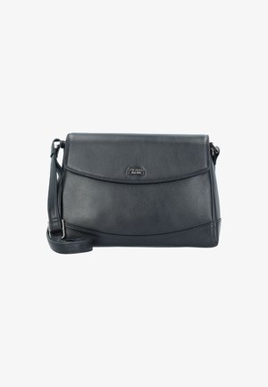 Borsa a tracolla nera in pelle con chiusura a pattina e tracolla regolabile, con una piccola placca in metallo logo al centro anteriore.