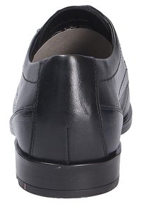 Schwarze Leder-Halbschuhe mit einer glatten Oberfläche, abgerundetem Absatz und dezenten Nähten. Entworfen für ein klassisches, formelles Erscheinungsbild.