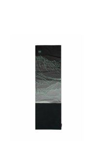 Cuello multifuncional negro con un gráfico de montaña en gris y verde menta, con una textura suave y construcción sin costuras.