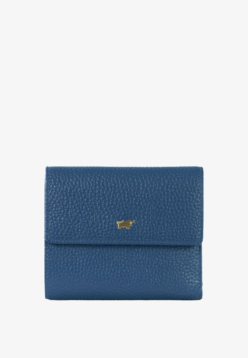 Blaues Lederportemonnaie mit einer geprägten Textur, das ein goldenes Logo auf der Vorderseite und einen Klappenverschluss aufweist. Kompakte rechteckige Form.