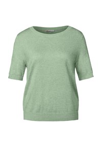 Top à manches courtes et col rond fabriqué en tissu doux, de couleur vert clair avec une texture côtelée et une couleur unie, présentant une coupe ample et des coutures discrètes.