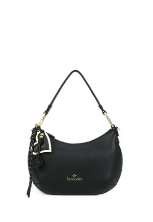 Borsa a tracolla in pelle nera testurizzata con accessori oro, marchio "Tua Braccialini" e nappina decorativa annodata di lato.