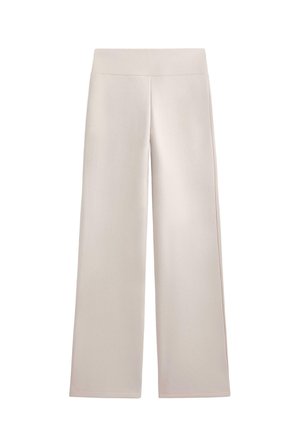 Pantaloni cu picioare largi într-o nuanță bej deschis, realizați dintr-un material neted, cu un brâu confortabil. Fără buzunare vizibile sau embellishments.