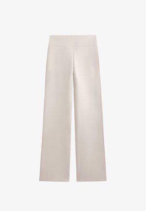 Pantaloni cu picioare largi într-o nuanță bej deschis, realizați dintr-un material neted, cu un brâu confortabil. Fără buzunare vizibile sau embellishments.