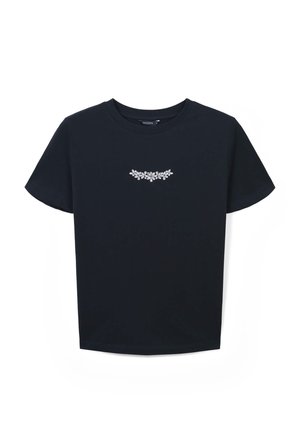 T-shirt in cotone blu navy con maniche corte, caratterizzato da un design floreale ricamato in filo metallico sul petto. Collo a giro classico.