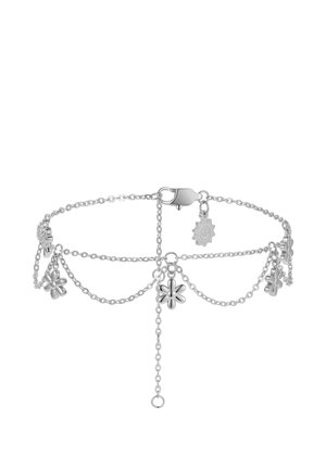 Silbernes Kettenarmband mit fünf Blumenanhängern und einem kleinen Sonnenanhänger nahe dem Verschluss, mit verstellbarer Kettenverlängerung.