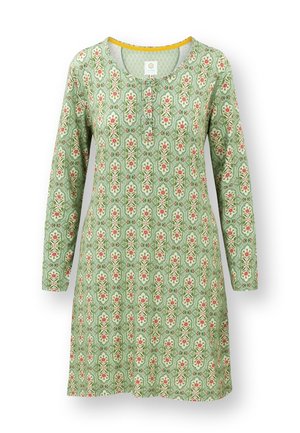 Long-sleeve green dress with pink floral and white geometric patterns, round neckline, and buttoned placket front detail.