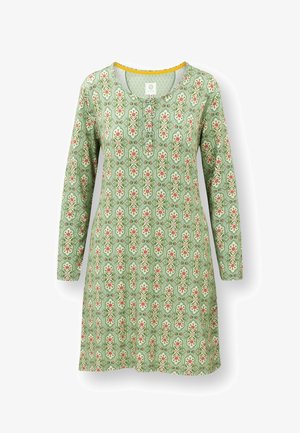 Langärmliges grünes Kleid mit pinken Blumen- und weißen geometrischen Mustern, runder Ausschnitt und Knopfverschluss vorne.