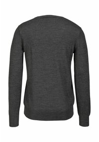 Grau gestrickter Pullover mit rundem Halsausschnitt und langen Ärmeln. Glatte Textur und schlichtes Design, in einfarbig ohne Muster.