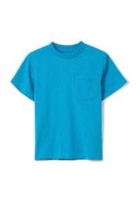 Korte mouwen t-shirt in helderturquoise, gemaakt van zachte stof. Bevat een linkse borstzak en een klassieke ronde hals.