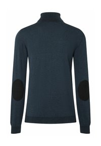 Marineblauer Rollkragenpullover mit langen Ärmeln, ausgestattet mit schwarzen Ellenbogen-Patches und gerippten Bündchen und Saum. Glatte Textur und taillierte Passform.