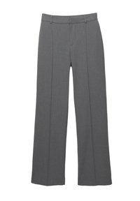 Pantalons gris à jambes larges en tissu texturé, avec un devant plat, des poches latérales et un design de taille cintrée.