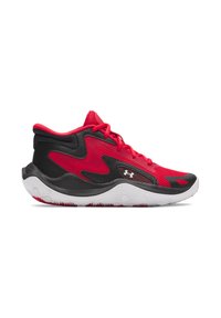 Chaussure de sport rouge et noire avec une tige en mesh, des accents texturés, un col rembourré, des lacets proéminents et une semelle extérieure en caoutchouc blanc avec un motif de semelle.
