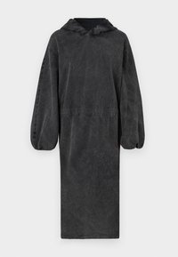 Hooded, long black dress made of textured fabric with a cinched waist and puffed sleeves. Features "SUCCESSFULL LIVING" text on the sleeve.