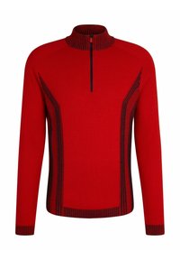 Pull en maille rouge avec un col haut et une fermeture éclair moitié, présentant des rayures verticales noires sur les côtés et des poignets côtelés.