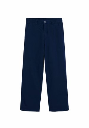 Navy blue, wide-leg trousers made of cotton blend fabric. Features two front pockets, a zipper fly, and a button closure.
