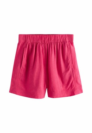 Leuchtend pinke Shorts mit elastischem Bund und Seitentaschen, aus leichtem Stoff, vor weißem Hintergrund dargestellt.