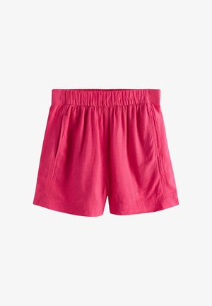 Leuchtend pinke Shorts mit elastischem Bund und Seitentaschen, aus leichtem Stoff, vor weißem Hintergrund dargestellt.