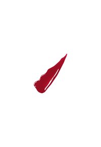 Campione di rossetto liquido rosso, finitura lucida, forma allungata, texture liscia, colore rosso intenso, con una leggera lucentezza.