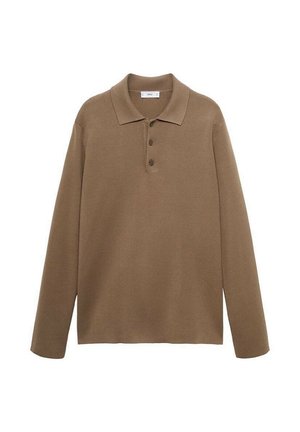 Bruine lange mouwen polo-shirt met kraag en drie knopen, plat weergegeven op een witte achtergrond.