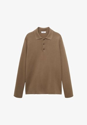 Polo shirt marron à manches longues avec col et trois boutons, présenté à plat sur un fond blanc.