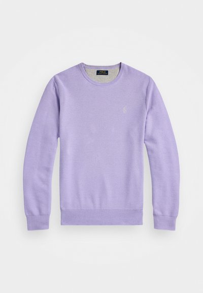Lilac knit sweater with a classic crew neckline, ribbed cuffs, and hem. Features a small logo on the chest and a textured weave.