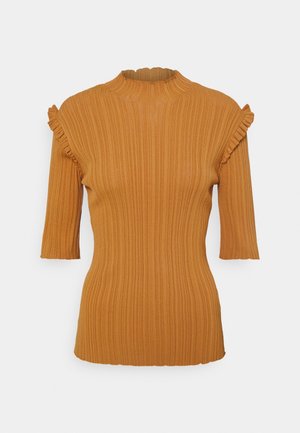Geribbelde, roestkleurige top met een hoge hals en korte mouwen. Heeft ruches op de schouders en een getailleerd ontwerp.