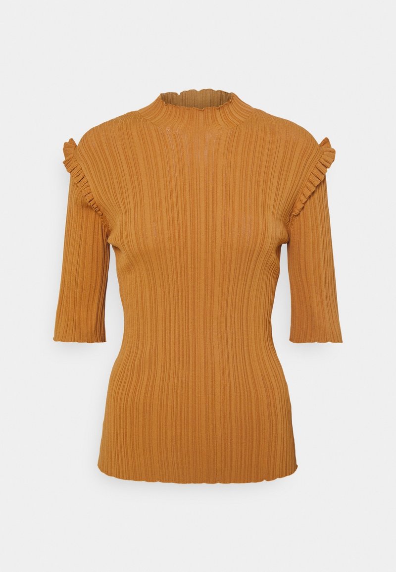 Haut côtelé de couleur rouille avec un col haut et des manches courtes. Présente des accents de volants sur les épaules et une coupe ajustée.