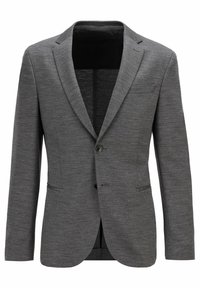 Szara marynarka w garniturze o teksturowanym wykończeniu, z pojedynczym zapięciem na guzik i dwoma przednimi kieszeniami. Eleganckie klapy oraz niepodszewrowane wnętrze dla nowoczesnego wyglądu.
