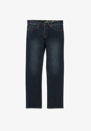 Mørkeblå denimjeans med rett benkutt, fem lommer, kontrasterende oransje søm og glidelås. Jeansen har en glatt tekstur og et klassisk design.