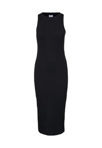 Robe noire sans manches à côtes, avec un col rond, une silhouette ajustée et un ourlet arrivant au genou. Texture lisse avec élasticité pour le confort.